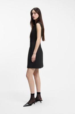 Cap-sleeve dress with hardware-trimmed keyhole neckline, Black