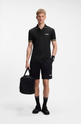 Active slim-fit polo shirt with signature-stripe details, Black
