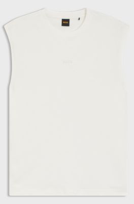 Sleeveless stretch-cotton T-shirt with slub effect, Natural