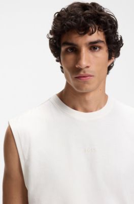 Sleeveless stretch-cotton T-shirt with slub effect, Natural
