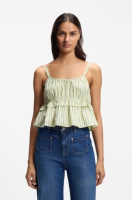 Cotton-poplin top with vertical stripe, Green Patterned