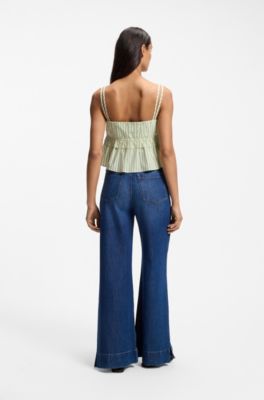 Cotton-poplin top with vertical stripe, Green Patterned