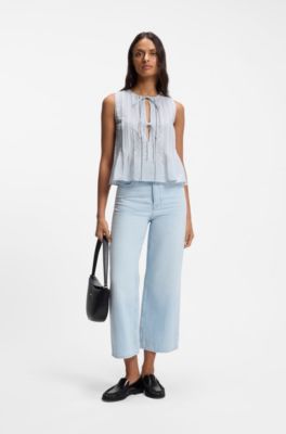 Sleeveless top in cotton muslin with front pleats, Light Blue