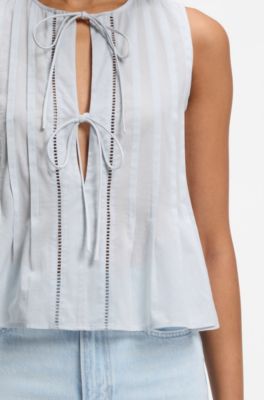 Sleeveless top in cotton muslin with front pleats, Light Blue