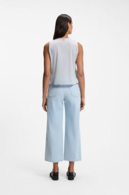 Sleeveless top in cotton muslin with front pleats, Light Blue