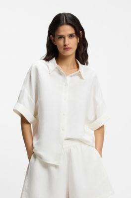 Blus i regular fit med upprullade &auml;rmslut, Naturf&auml;rg
