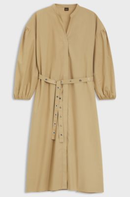 Cotton-poplin shirt dress with eyelet belt, Beige