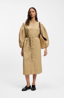 Cotton-poplin shirt dress with eyelet belt, Beige