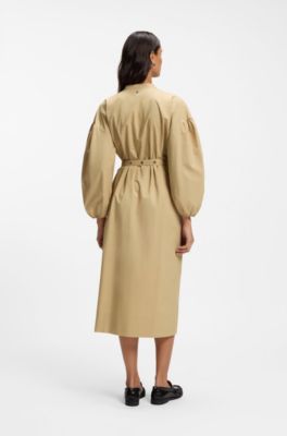 Robe-chemise en popeline de coton avec ceinture &agrave; &oelig;illet, Beige