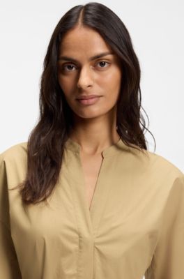 Cotton-poplin shirt dress with eyelet belt, Beige