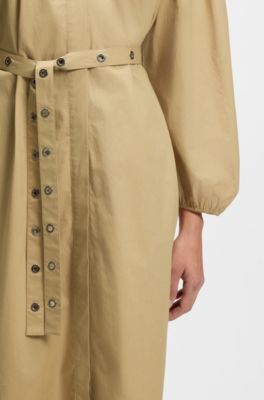 Robe-chemise en popeline de coton avec ceinture &agrave; &oelig;illet, Beige