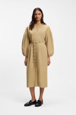 Cotton-poplin shirt dress with eyelet belt, Beige