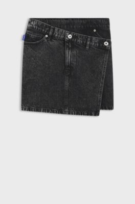 Rok van zwart denim met asymmetrische tailleband, Zwart