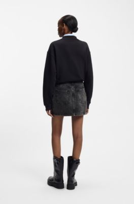 Rok van zwart denim met asymmetrische tailleband, Zwart