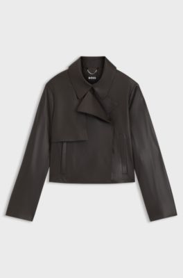 Relaxed-fit leather jacket with trench styling, Dark Brown