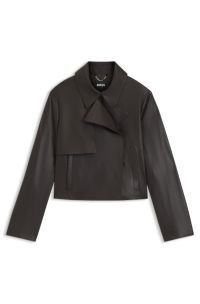 Relaxed-fit leather jacket with trench styling, Dark Brown
