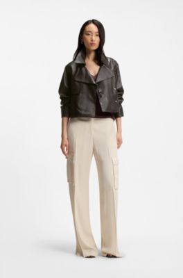 Relaxed-fit leather jacket with trench styling, Dark Brown
