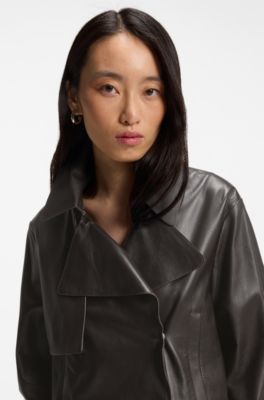 Relaxed-fit leather jacket with trench styling, Dark Brown