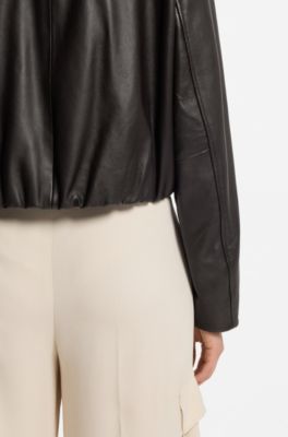 Relaxed-fit leather jacket with trench styling, Dark Brown