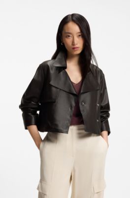 Relaxed-fit leather jacket with trench styling, Dark Brown