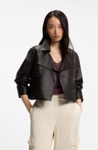 Relaxed-fit leather jacket with trench styling, Dark Brown