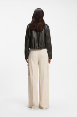 Relaxed-fit leather jacket with trench styling, Dark Brown