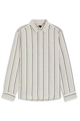 Regular-fit shirt in striped linen and cotton, Grey Patterned