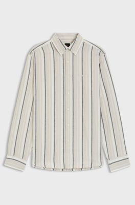 Regular-fit shirt in striped linen and cotton, Grey Patterned