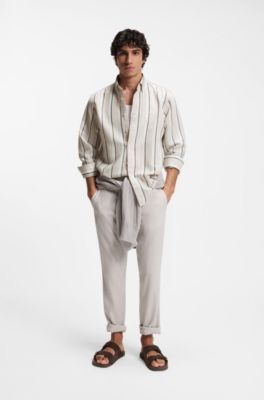 Regular-fit shirt in striped linen and cotton, Grey Stripes