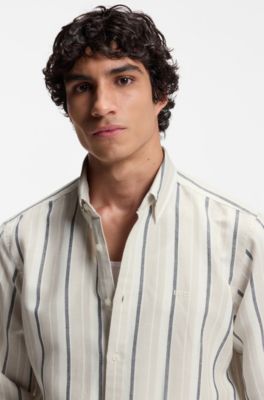 Regular-fit shirt in striped linen and cotton, Grey Patterned