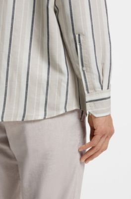 Regular-fit shirt in striped linen and cotton, Grey Patterned