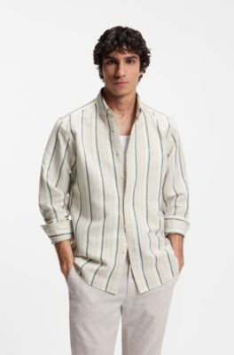 Regular-fit shirt in striped linen and cotton, Grey Patterned