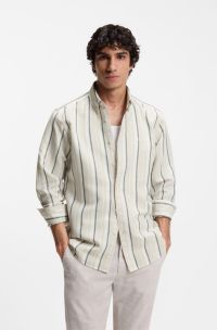 Regular-fit shirt in striped linen and cotton, Grey Patterned