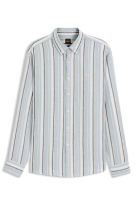 Regular-fit shirt in striped linen and cotton, Light Blue stripes