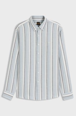 Regular-fit shirt in striped linen and cotton, Light Blue Stripes