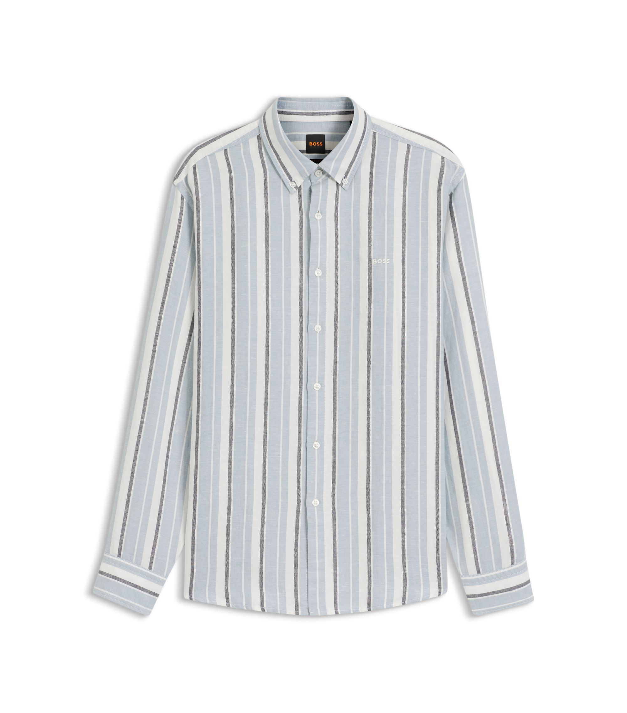 Striped Linen Shirt, Navy Trousers