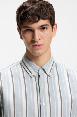 Regular-fit shirt in striped linen and cotton, Light Blue stripes