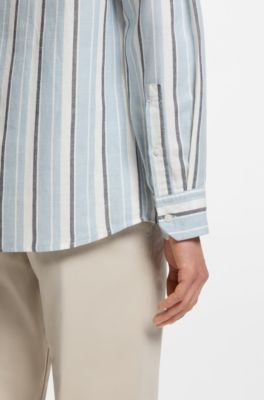 Regular-fit shirt in striped linen and cotton, Light Blue stripes