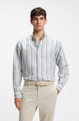 Regular-fit shirt in striped linen and cotton, Light Blue Stripes