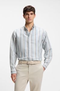 Regular-fit shirt in striped linen and cotton, Light Blue stripes