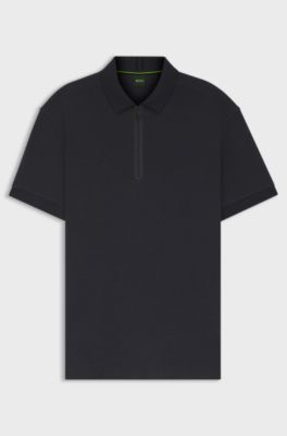 Zip-neck polo shirt in waffle jacquard, Dark Blue
