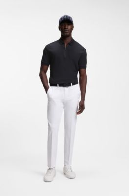 Zip-neck polo shirt in waffle jacquard, Dark Blue