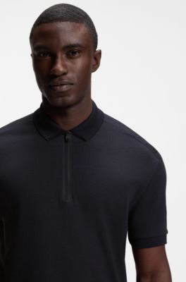 Zip-neck polo shirt in waffle jacquard, Dark Blue