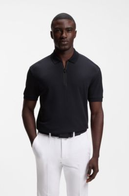 Zip-neck polo shirt in waffle jacquard, Dark Blue