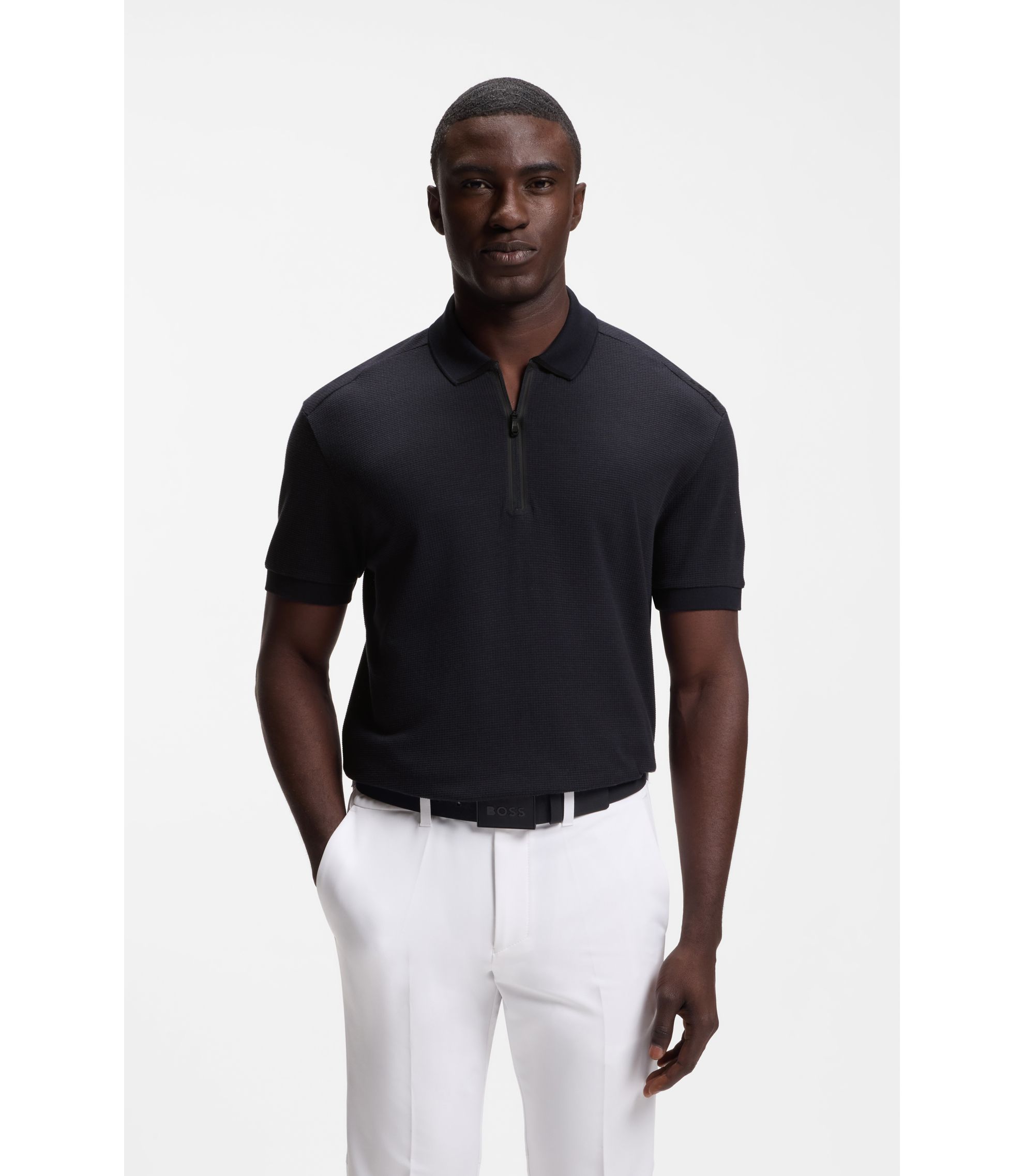 Poloshirt mit Troyerkragen und Waffel-Jacquard