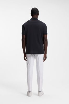 Zip-neck polo shirt in waffle jacquard, Dark Blue