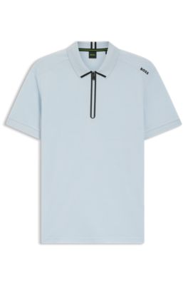 Zip-neck polo shirt in waffle jacquard, Light Blue