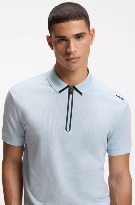 Zip-neck polo shirt in waffle jacquard