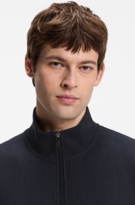Cotton-blend jacket with waffle structure, Dark Blue