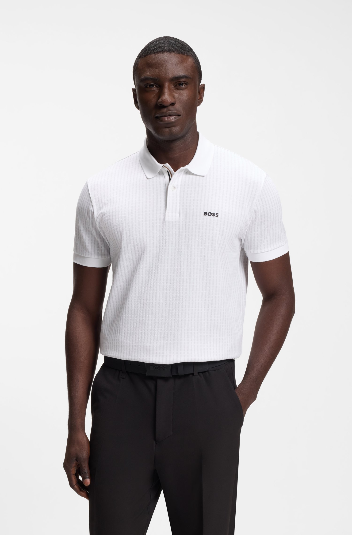 Boss Cotton-piqué polo shirt with all-over print pikéer herr